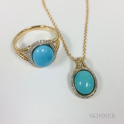 14kt Gold, Turquoise, and Diamond Ring and Pendant