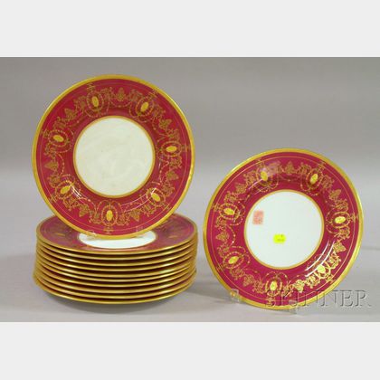Set of Twelve Mintons Gilt Enamel Decorated Raspberry Red Banded Porcelain Dinner Plates
