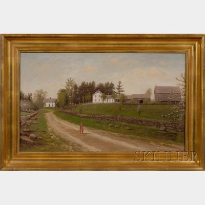 American School, 19th Century Girl Strolling Down a Country Lane in Spring.