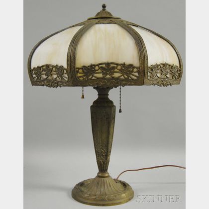 Salem Lamp Co. Metal Overlay Slag Glass and Cast Metal Table Lamp