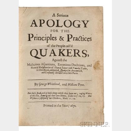 Whitehead, George (1636?-1723) and William Penn (1644-1718) A Serious Apology for the Practices of the People call'd Quakers