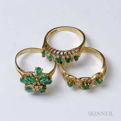 Three 14kt Gold, Emerald, and Diamond Rings