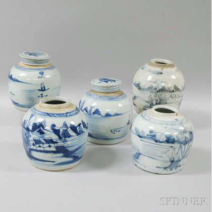 Five Chinese Blue and White Ceramic Ginger Jars