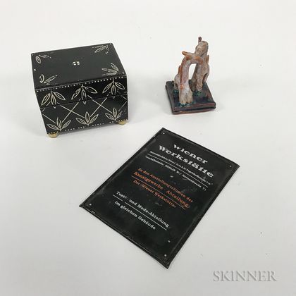 Wiener Werkstatte Pottery Giraffe Group, a Decorated Box, and a Sign. Estimate $250-350