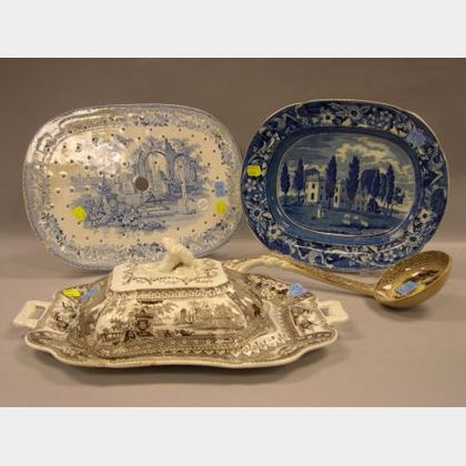 English Transfer Decorated Staffordshire Ladle, Platter, Undertray and a Cover