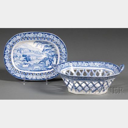 Blue and White Transfer-decorated Staffordshire Pottery Fruit Basket and Undertray