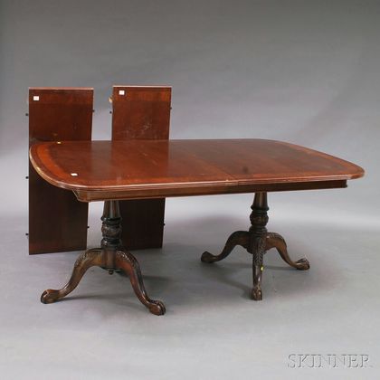 Chippendale-style Carved and Inlaid Mahogany Veneer Double-pedestal Dining Table