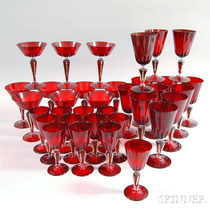 Set of Thirty-four Pieces of Venetian Ruby Blown Glass Stemware