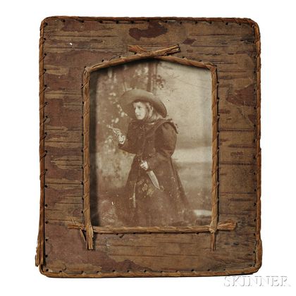 Two Old West Cabinet Cards in Period Birch Bark Frames: Girl Shooter and Seminole Indian Girl