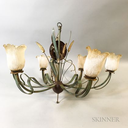 Foliate-form Patinated Metal Six-light Chandelier and a Barbola Mirror. Estimate $100-150