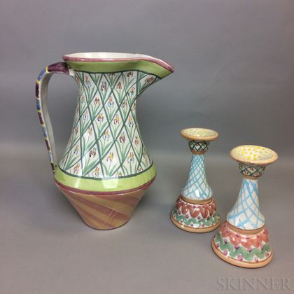 Pair of MacKenzie-Childs Ceramic Candlesticks and a Pitcher
