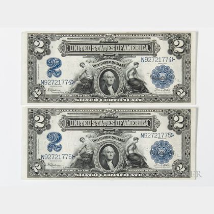 Two 1899 $2 Silver Certificate Consecutive Serial Number Notes, Fr. 258