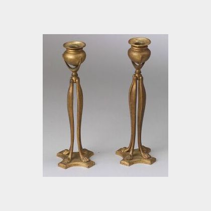 Pair of Tiffany Studios Dore Bronze Paw-foot Candlesticks