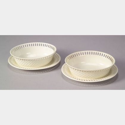 Two Wedgwood Queen's Ware Fruit Baskets with Underplates