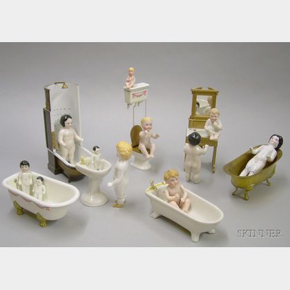 Group of Small China and Bisque Bathing Dolls and Doll House Bathroom Items