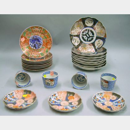 Set of Eight Imari Porcelain Plates, Three Small Dishes, a Set of Six Cups, and a Set of Eight Kutani Porcelain Plates