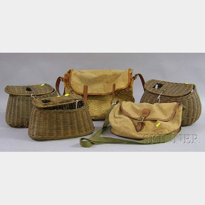 Three Wicker Fishing Creels and Two Vintage Leather-trimmed Canvas Fishing/Hunting Bags. 