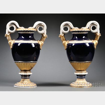 Pair of Meissen Porcelain Double-snake-handled Vases