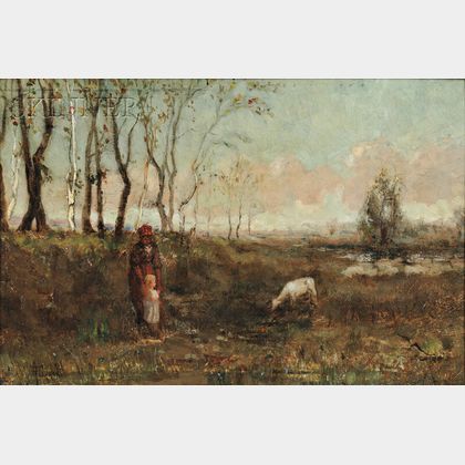Clement Rollins Grant (American, 1848-1893) Shepherdess with a Young Girl and Lamb