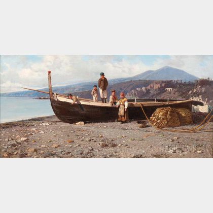 Giuseppe Laezza (Italian, 1835-1905) Fisherman's Family Beside a Beached Vessel