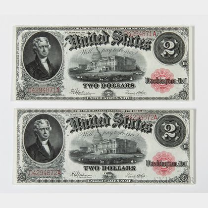 Two 1917 $2 Legal Tender Consecutive Serial Number Notes, Fr. 60