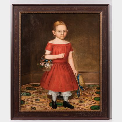 Attributed to Deacon Robert Peckham (Massachusetts, 1785-1877),Portrait of Girl in a Red Dress Holding a Basket of Flowers and Hat, Un