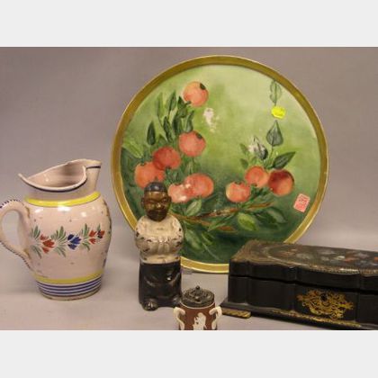 Quimper Pitcher, an Asian Bronze Figure, Victorian Lacquered Box, a English Mustard Pot and a Handpainted Porcelain Plate. 