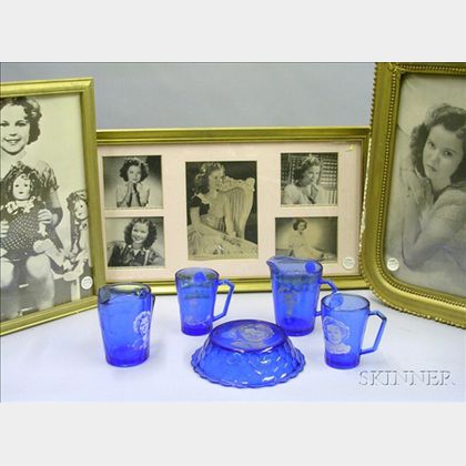Shirley Temple Cobalt Glass Breakfast Set and Three Framed Publicity Photos