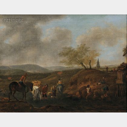 School of Nicolaes Berchem (Dutch, 1620-1683) Landscape with Peasants and Travelers Fording a Stream
