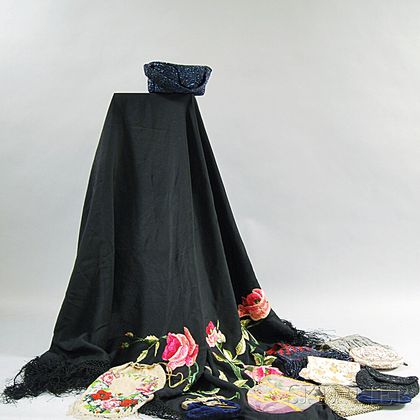 Ten Beaded and Embroidered Bags and a Piano Shawl