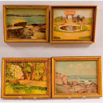 Alice Preble Tucker De Haas (American, 1859-1920) Four Framed Landscapes: Two Views of York Beach, Garden with Fountain