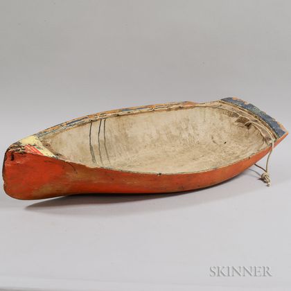 Carved and Red/Orange-painted Wood Ship Model Hull