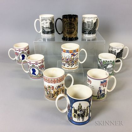 Eleven Wedgwood British Commemorative Transfer-decorated Ceramic Mugs