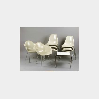 Eleven Eames Molded Chairs and an Italian Table