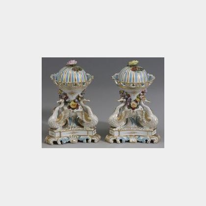 Pair of Meissen-style Porcelain Potpourri Urns