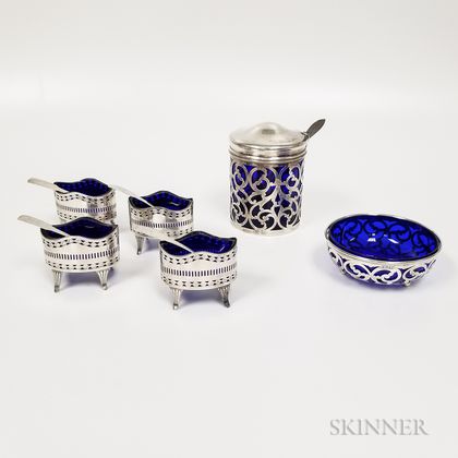 Six Pieces of Sterling Silver and Silver-plated Tableware with Cobalt Liners