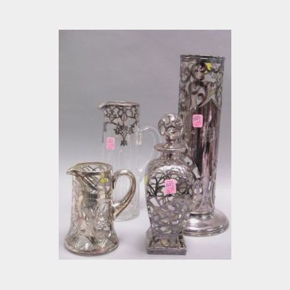 Three Sterling Silver Overlay Clear Glass Table Items and a Silver Plate Mounted Vase. 