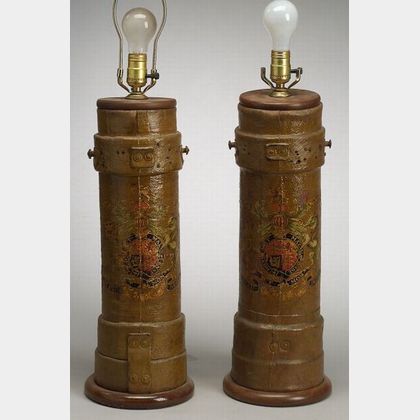 Pair of English Painted Canvas Artillery Vessel Lamp Bases