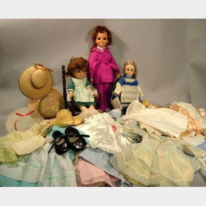 Three Vinyl Dolls, Doll Clothes and Doll Arm Chair