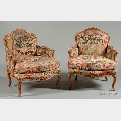 Pair of Louis XV Style Walnut and Needlepoint Upholstered Bergeres a la Reine