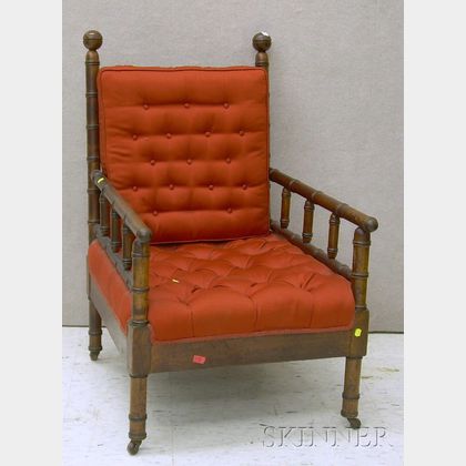 Late Victorian Upholstered Walnut Bamboo-turned Morris Chair. 