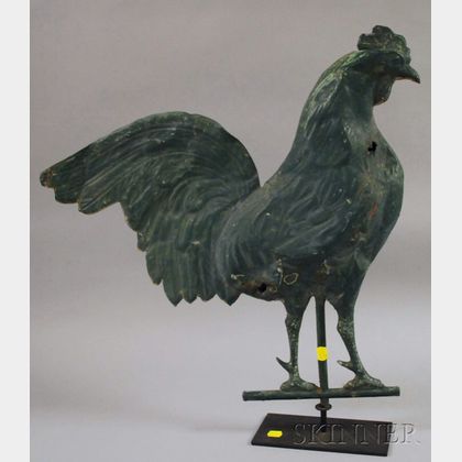 Green-painted Molded Copper Full-body Rooster Weather Vane