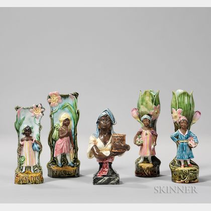 Five Small Majolica Vases Decorated with Images of African American Women. Estimate $150-250