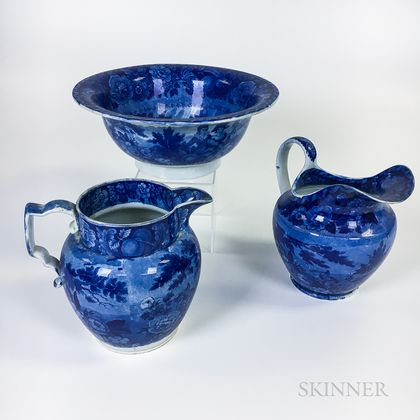 Two Staffordshire Transfer-printed Pitchers and a Bowl