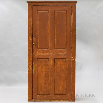 Large Country Red-painted Pine Two-door Paneled Cupboard
