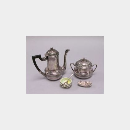 Continental .935 Teapot and Sugar, Whiting Blown-out Glass and Sterling Silver Salt with Spoon and a Small Figural Boat. 