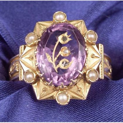 Antique 14kt Gold, Amethyst and Seed Pearl Intaglio Ring