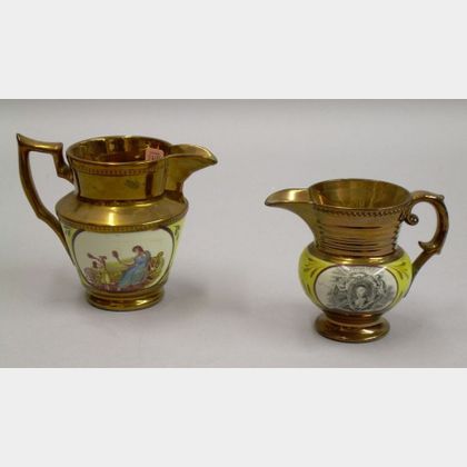 English Copper Lustre and Transfer Cornwallis/Lafayette Jug and a Mother and Child Jug. 