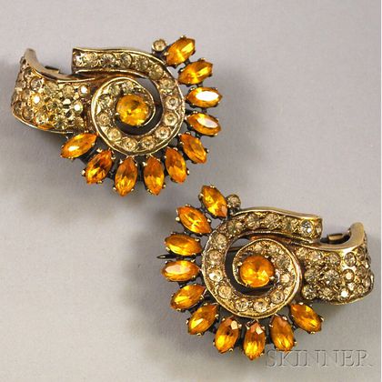 Pair of Silver Gilt and Crystal Rhinestone Clip/Brooches, Eisenberg