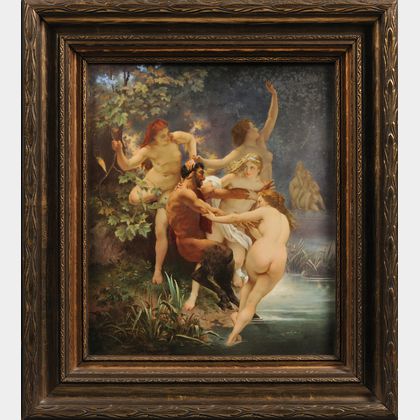 Berlin Painted Porcelain Plaque "Nymphs and Satyr" After William-Adolphe Bouguereau